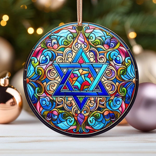 Christmas Ornament Stained Glass Print Jewish Star of David Hanukkah Ornament Elegant Chanukah Decor Gift for Jewish Family Gift Exchange