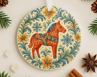Adorno floral de caballo Dala, decoración nórdica sueca, regalo para familia escandinava, arte popular, recuerdo colgante para vacaciones, acento de invierno para el hogar noruego