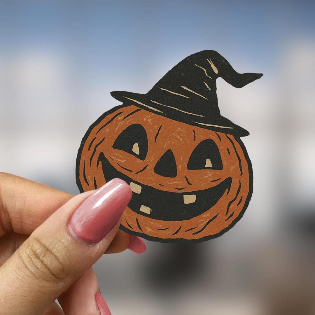 Vintage Jack O Lantern Sticker Retro Pumpkin Face Halloween Witch Hat ...