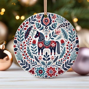 Nordic Ceramic Dala Horse Ornament Swedish Folk Art Home Decor Gift Traditional Scandinavian Christmas Decoration Accent Sweden Souvenir
