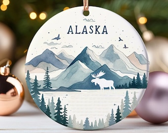 Watercolor Alaska Map Ornament Elegant Alaska Christmas Ornament Watercolor America Gift Moose Tree Decor First Home Gift for Home Decor