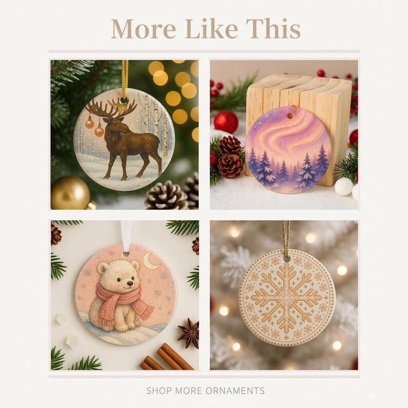 May include: A collection of four round Christmas ornaments. One features a moose in a snowy forest, another depicts a purple and pink aurora borealis, a third shows a polar bear with a scarf, and the last has a snowflake design. The text "More Like This" and "SHOP MORE ORNAMENTS" are also visible.