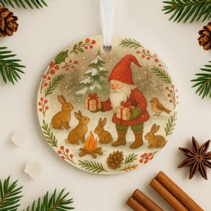 May include: A round Christmas ornament featuring a Santa Claus-like figure in a red coat and hat, surrounded by brown rabbits and a small bird. The ornament has a white ribbon for hanging and is decorated with a winter scene.