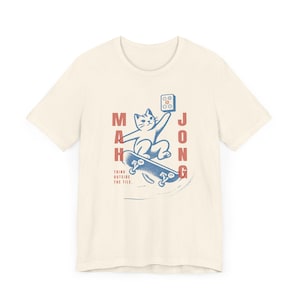 Mahjong Cat Skateboard Shirt Gift for Mahjong Player Funny Skater Cat Lover Tee Retro Chinese Tile Game T-Shirt Cute Kawaii Outfit Matching image 2