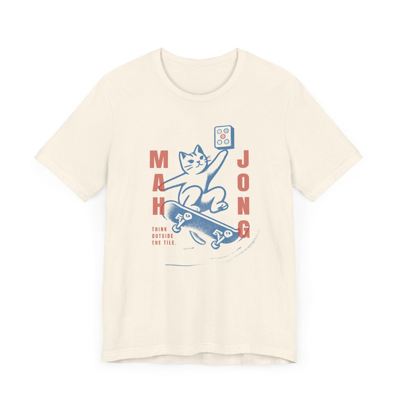Mahjong Cat Skateboard Shirt Gift for Mahjong Player Funny Skater Cat Lover Tee Retro Chinese Tile Game T-Shirt Cute Kawaii Outfit Matching image 2