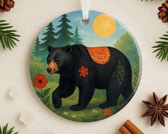 Peinture à l'huile, ornement d'ours, scène de forêt nordique, cadeau pour chasseur, amateur de plein air, propriétaire de cabane, pêcheur, faune rustique, décoration de sapin de Noël, Noël
