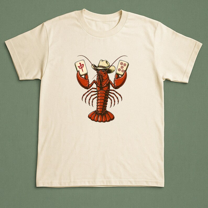 May include: A cream-colored short-sleeve t-shirt featuring a graphic illustration of a red lobster wearing a cowboy hat. The lobster is holding two mahjong tiles, one with a red Chinese character and the other with five red circles in its claws.