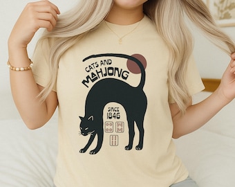 Meowjong T-Shirt Gift for Cat Lover Women Funny Mahjong Cat Shirt Cute Kitty Tile Game Tee Present for Mahjong Mom Matching Game Shirt