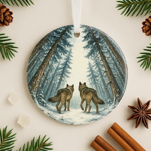 May include: Round ornament featuring two wolves in a snowy forest scene. The wolves are brown and gray, facing away from the viewer, with tall trees in the background. The ornament has a white ribbon for hanging.