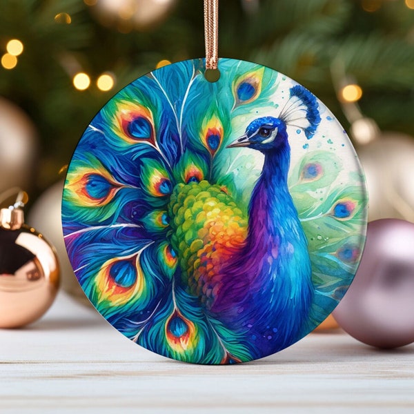 Watercolor Elegant Peacock Home Decor Christmas Ornament  Round Ceramic Christmas Present for Watercolor Bird Lovers Trending Now
