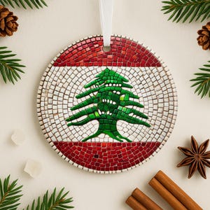 Lebanese Flag Ornament Ceramic Tile Style Cedar Tree Gift for Lebanese Family Heritage Christmas Tree Decor Middle Eastern Keepsake