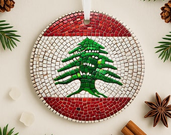 Lebanese Flag Ornament Ceramic Tile Style Cedar Tree Gift for Lebanese Family Heritage Christmas Tree Decor Middle Eastern Keepsake