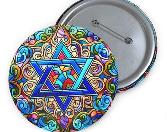 May include: A colorful button featuring a blue Star of David with a stained glass design. The background is a swirling pattern of colorful lines and shapes.
