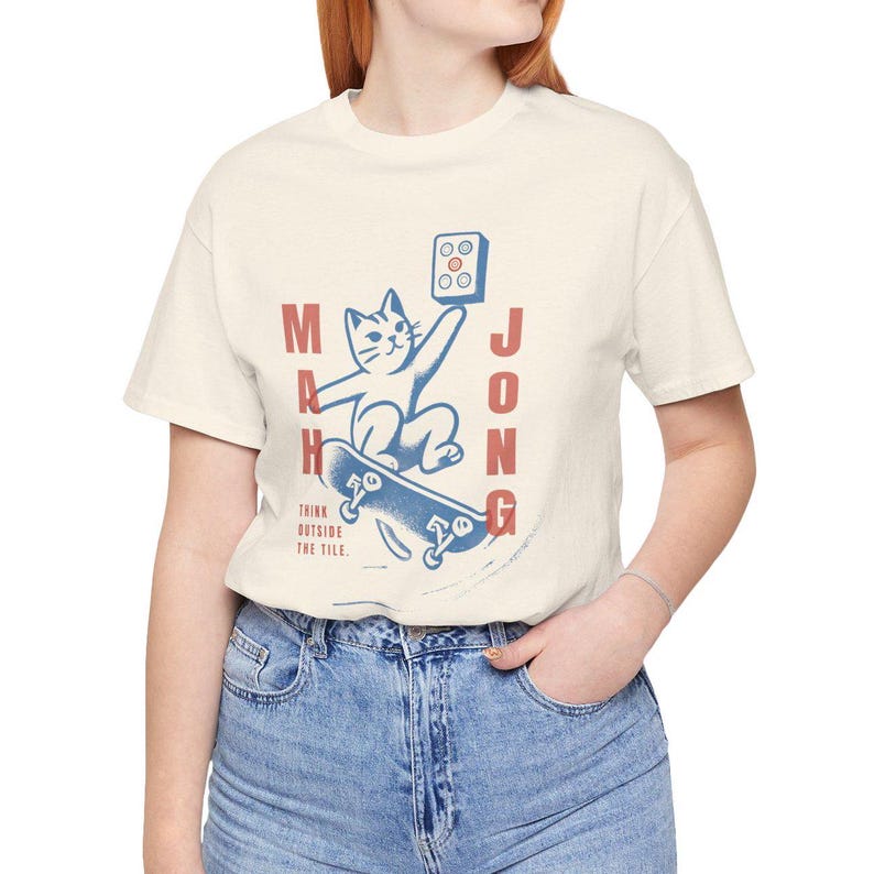 Mahjong Cat Skateboard Shirt Gift for Mahjong Player Funny Skater Cat Lover Tee Retro Chinese Tile Game T-Shirt Cute Kawaii Outfit Matching image 3