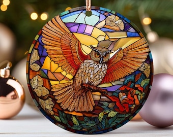 Adorno de búho con vitral de cerámica hawaiana, regalo para amantes de la vida silvestre, observadores de aves, decoración forestal para exploradores de la naturaleza, arte rústico de cabaña.