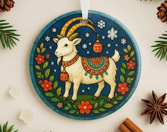 Julbock Yule Goat Ornament Gift for Swedish Family Danish Mom Norwegian Dad Nordic Tree Decor Stained Glass Christmas Goat Farmer Gift