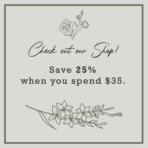 Peut inclure: Un carr&eacute; gris clair avec un motif floral en haut et en bas. Le texte indique "D&eacute;couvrez notre boutique ! &Eacute;conomisez 25 % lorsque vous d&eacute;pensez 35 &euro;."