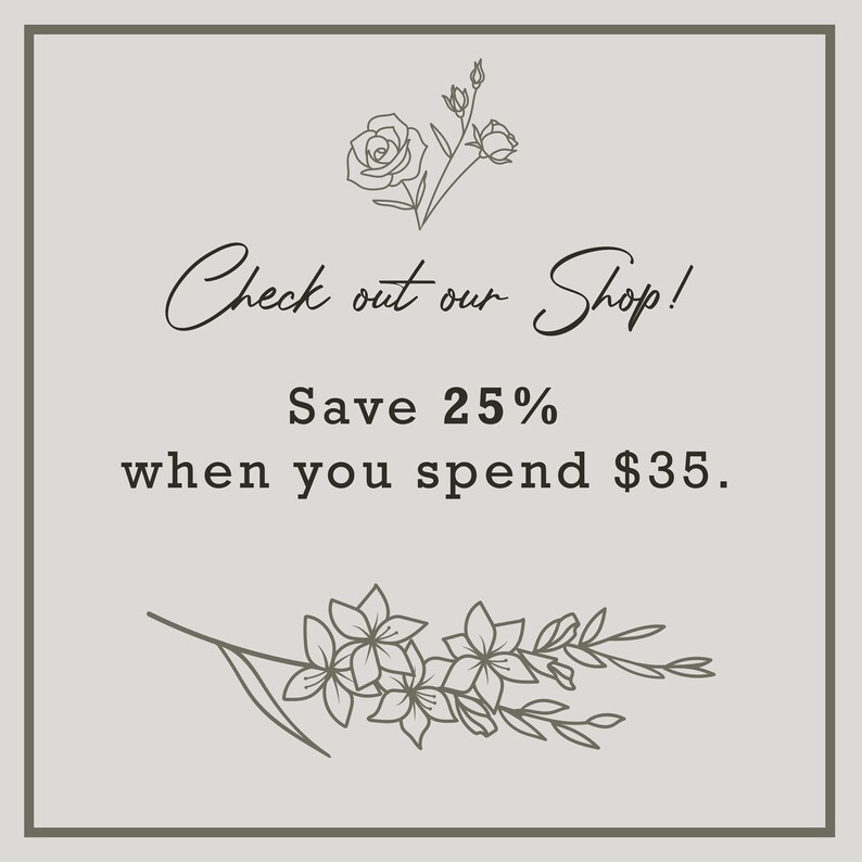 Peut inclure: Un carr&eacute; gris clair avec un motif floral en haut et en bas. Le texte indique "D&eacute;couvrez notre boutique ! &Eacute;conomisez 25 % lorsque vous d&eacute;pensez 35 &euro;."