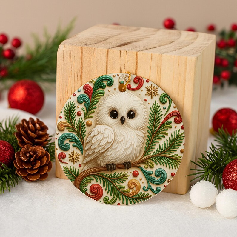 May include: A round Christmas ornament featuring a white owl perched on a branch, surrounded by green and red foliage. The ornament has a gold string for hanging. Festive holiday decor.