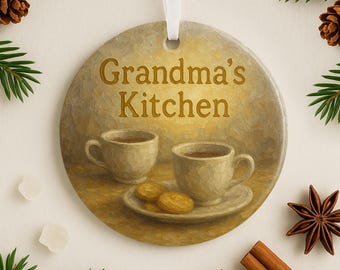 Adorno de cocina para abuela, regalo de Navidad para hornear, abuela de parte de los nietos, acogedora taza de té, arte de galletas para árbol navideño, decoración de cocina campestre.