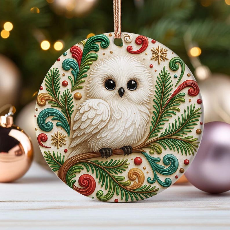 May include: A round Christmas ornament featuring a white owl perched on a branch. The owl has large black eyes and is surrounded by green, red, and gold decorative elements. A gold ribbon is attached for hanging. The ornament is set against a blurred background of Christmas decorations.