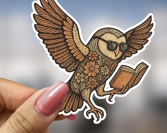 Floral Reading Owl Sticker Botanical Owl Book Decal Gift for Book Lover Floral Bookworm Owl Vinyl Sticker Study Nook Decor Norwegian Sticker