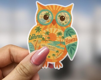 Hawaiian Owl Sticker Tropical Barn Owl Vinyl Decal Gift for Hawaii Nature Lover Floral Californian Sticker for Owl Collector Gift Ita Beachy