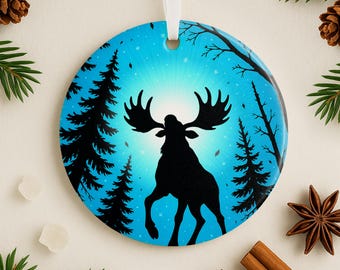 Adorno de alce de Alaska, regalo para papá cazador de alces, decoración de árbol de cabaña de Alaska, regalo para trampero de Alaska, escena de alce nevado, recuerdo rústico de invierno