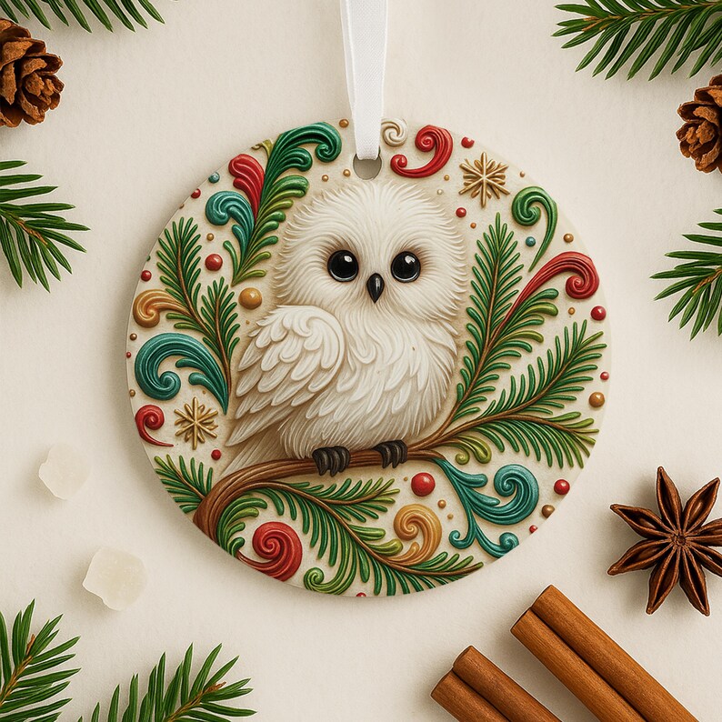 May include: A round Christmas ornament featuring a white owl perched on a branch, surrounded by colorful foliage. The ornament has a white ribbon for hanging. The design includes red, green, and gold accents, with a festive, whimsical style.