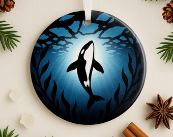 Adorno de ballena orca, animal del océano de Alaska, regalo para papá pescador, decoración de árbol de cabaña costera, recuerdo de la vida marina de Alaska para capitán de barco oceánico