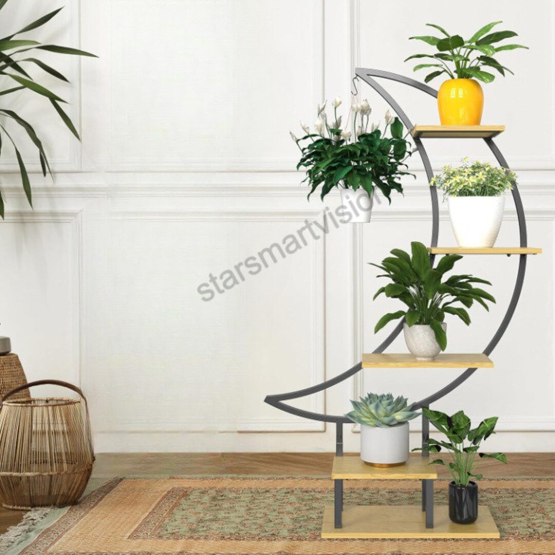 Wood Metal Half Moon Plant Stand 6 Tier Plant Stand Tall Etsy