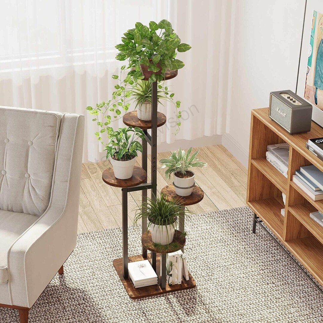 5 Tier Wood Metal Plant Stand Tall Plant Stand Indoor Etsy