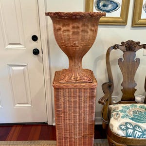 Puede incluir: Una jardinera alta de mimbre tejido en un tono marrón claro. La jardinera tiene una base de pedestal y una parte superior grande y acampanada, perfecta para exhibir plantas. El diseño presenta una textura tejida, agregando un encanto natural y rústico.