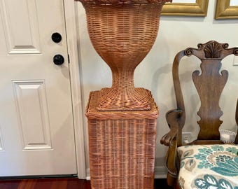 Braided Wicker Urn Pedestal or Set | Cherry Tea Ombre | Handwoven Decorative | Indoor Decor