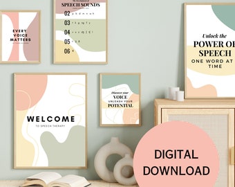 Logopädie Wanddekor Bundle, 5er Set, SLP Wandkunst, Rede Raum Dekor, Mid Century Modern Theme, Logopädie Geschenk