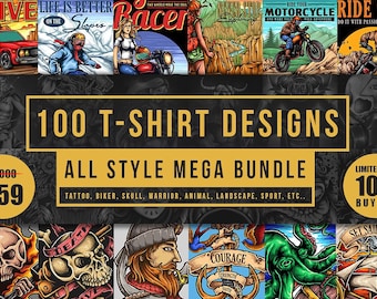 May include: A collage of 100 different t-shirt designs in various styles, including biker, skull, warrior, animal, landscape, and sport. The text "100 T-SHIRT DESIGNS ALL STYLE MEGA BUNDLE" is displayed in large, yellow letters. The text "LIMITED FOR 100 BUYERS" is displayed in a circle with a yellow background.