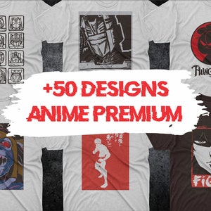 Puede incluir: Un collage de seis camisetas con varios personajes de anime y dibujos animados. Las camisetas son todas blancas o grises con diseños negros y rojos. El texto "+50 DESIGNS ANIME PREMIUM" está escrito en rojo en el centro de la imagen.