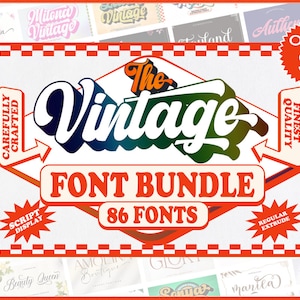 Puede incluir: Un fondo de cuadros rojos y blancos con un gran cartel rojo que dice "The Vintage Font Bundle 86 Fonts". El cartel está rodeado de carteles más pequeños con diferentes fuentes y texto. El texto en los carteles incluye "Carefully Crafted", "Script Display", "Regular Extrude", y "Finest Quality". Hay una estrella roja con el texto "Only $4" en la esquina superior derecha.