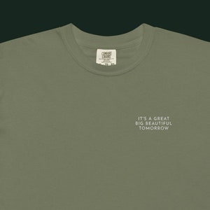 May include: A green short-sleeved t-shirt with the text "It's a great big beautiful tomorrow" printed on the front.