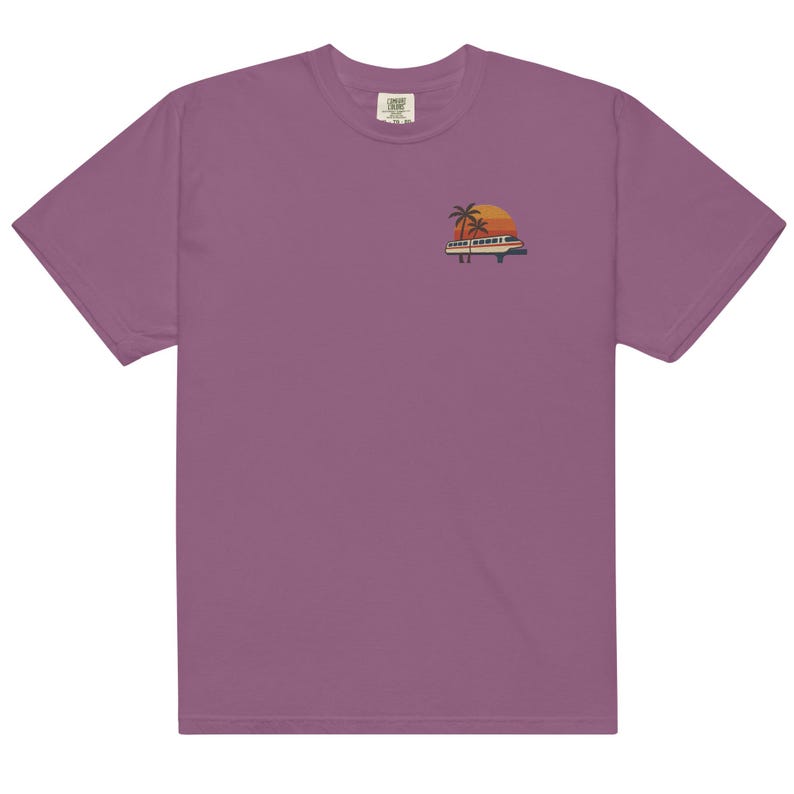 Monorail Sunset Embroidered Comfort Colors Tee | Subtle Disney Adult Shirt | Walt Disney World Monorail T-Shirt Berry