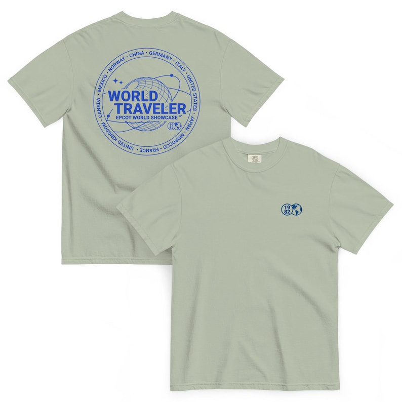 EPCOT World Showcase World Traveler Embroidered Front Printed Back Comfort Colors T-Shirt | Subtle Disney Tee