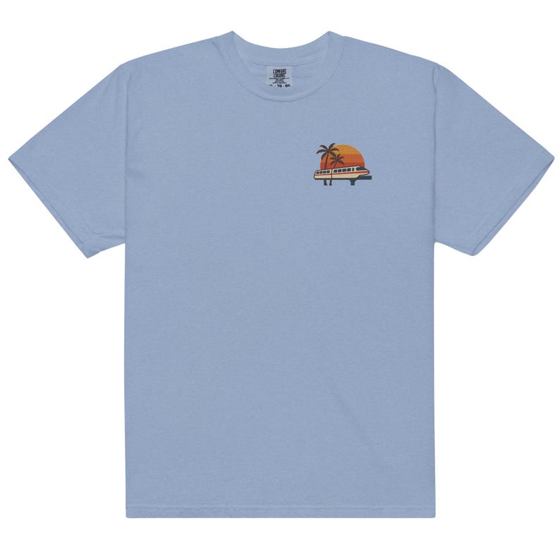 Monorail Sunset Embroidered Comfort Colors Tee | Subtle Disney Adult Shirt | Walt Disney World Monorail T-Shirt Washed Denim