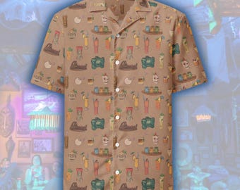 Trader Sam&#39;s Tiki Cocktails All-Over Print Hawaiian Aloha Collared Button Up Shirt | Polynesian Resort | Subtle Disney Apparel