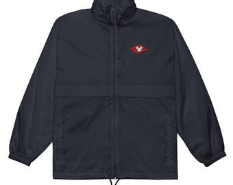 May include: A dark navy blue zip-up windbreaker jacket featuring a high collar with a drawstring, long sleeves with elastic cuffs, and a small embroidered logo on the left chest consisting of a white Mickey Mouse head silhouette over red waves.