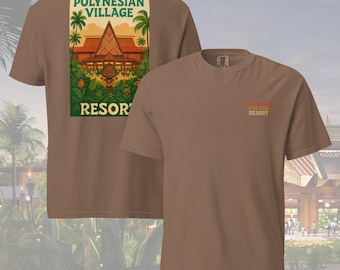 May include: A brown t-shirt with a vintage-style graphic on the back that says "Polynesian Village Resort". The front of the shirt has a smaller graphic that says "Polynesian Village Resort".