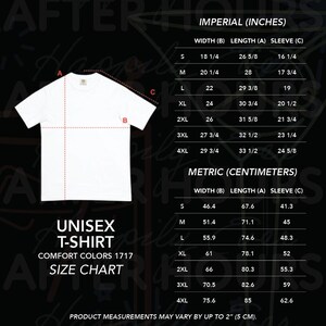 May include: Unisex t-shirt size chart with measurements in inches and centimeters. The chart shows the width, length, and sleeve length for sizes S through 4XL.