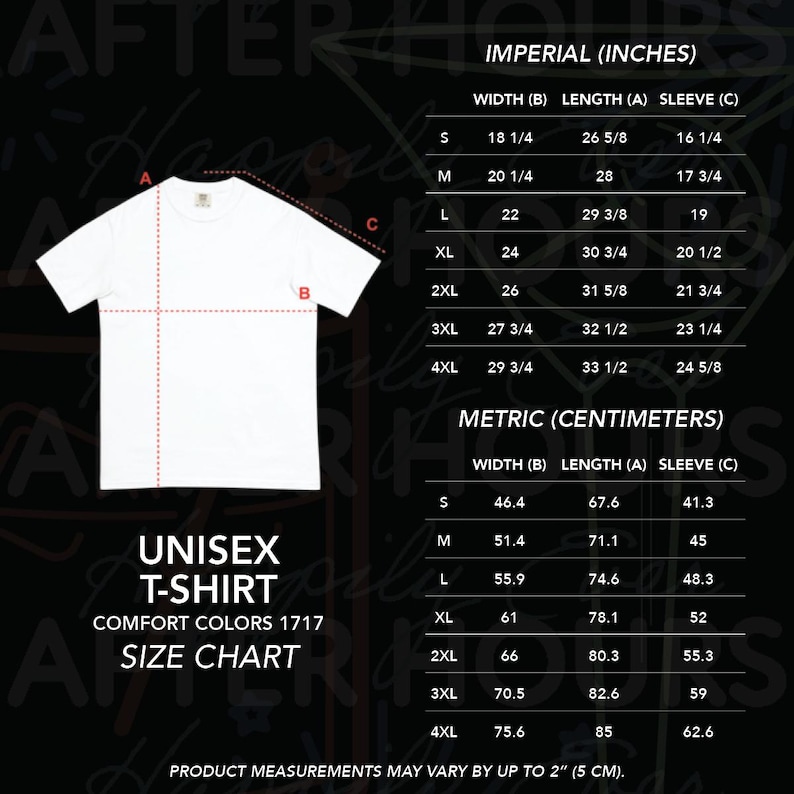 May include: Unisex t-shirt size chart with measurements in inches and centimeters. The chart shows the width, length, and sleeve length for sizes S through 4XL.