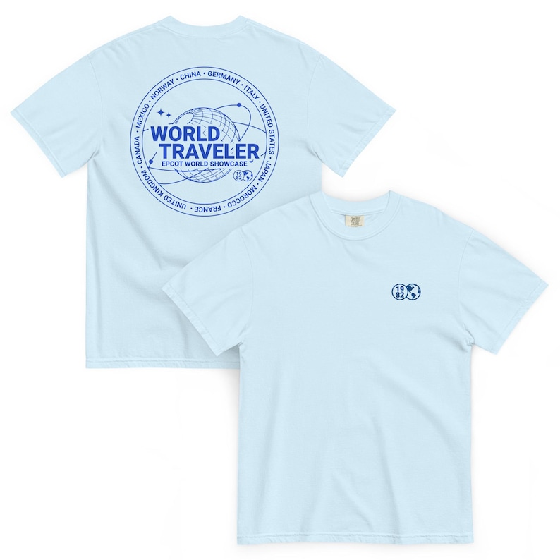 EPCOT World Showcase World Traveler Embroidered Front Printed Back Comfort Colors T-Shirt | Subtle Disney Tee