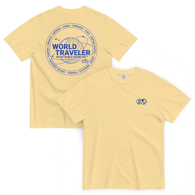 EPCOT World Showcase World Traveler Embroidered Front Printed Back Comfort Colors T-Shirt | Subtle Disney Tee