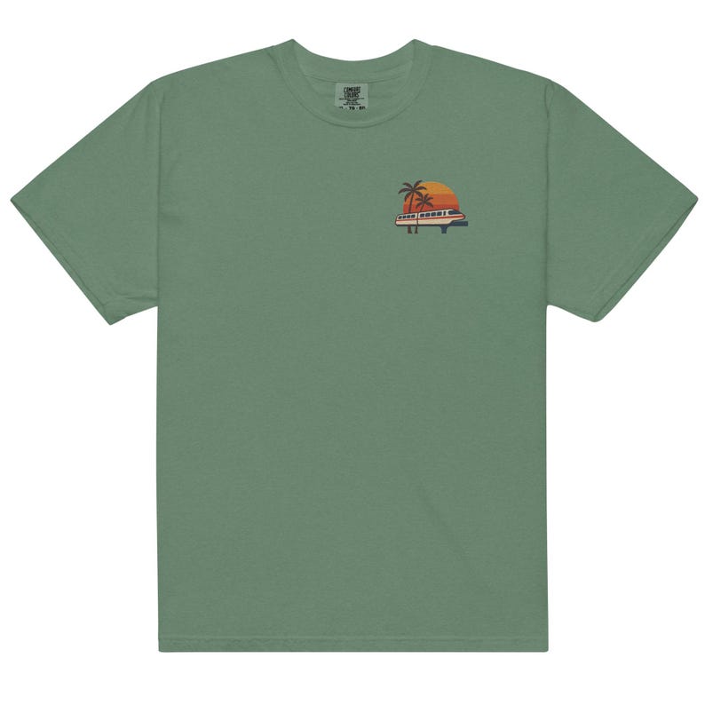 Monorail Sunset Embroidered Comfort Colors Tee | Subtle Disney Adult Shirt | Walt Disney World Monorail T-Shirt Light Green